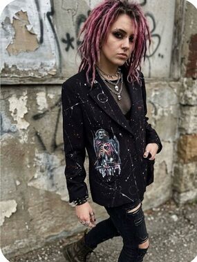 Custom Upcycled Handpainted Gothic Skeleton & Floral Blazer - One of a Kind